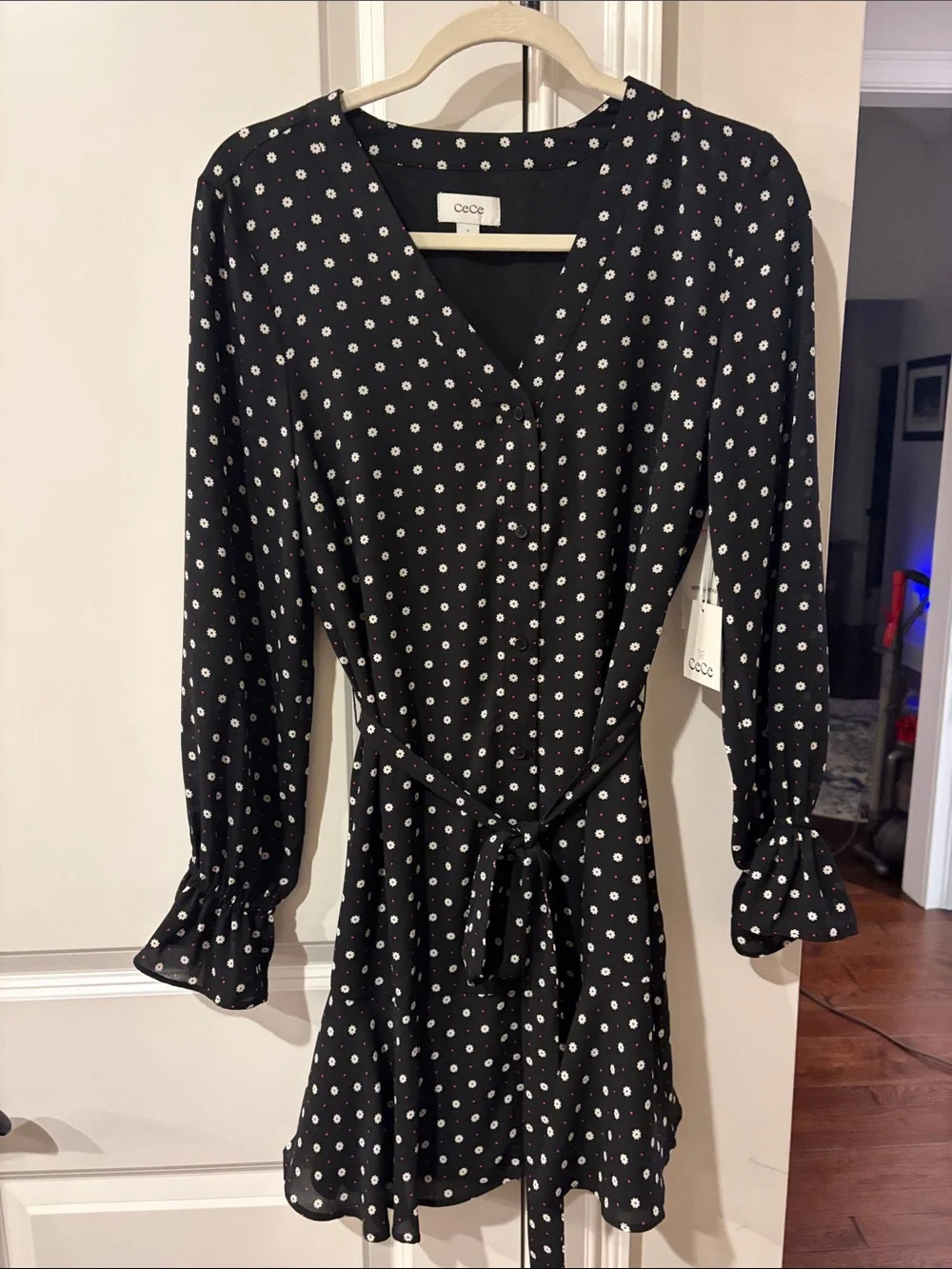 CeCe Black and White Polka Dot Long Sleeve Tie-Waist Dress